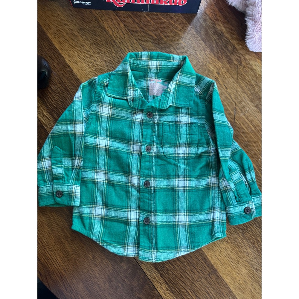 Cat &‎ Jack Green Plaid Flannel Button Down Shirt 12M Long Sleeve Cotton NWOT